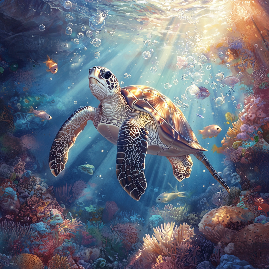 Sea Turtle Swimming in Coral Reef