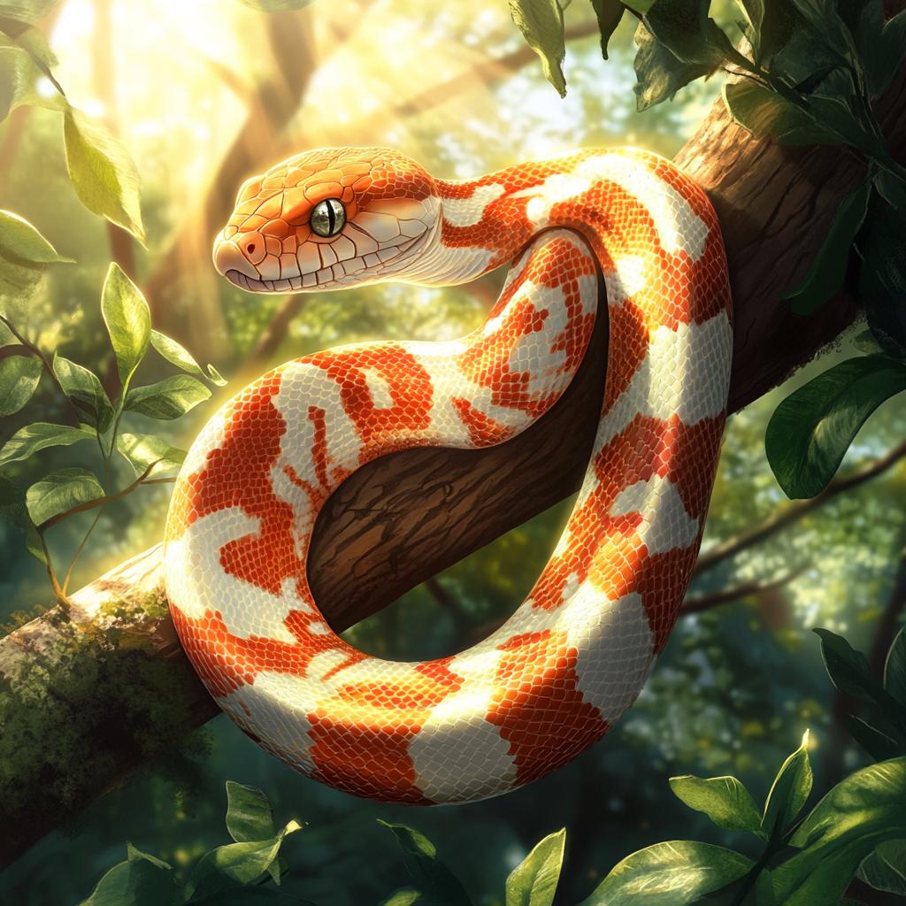 Corn Snake Hanging from Tree with Sunbeam