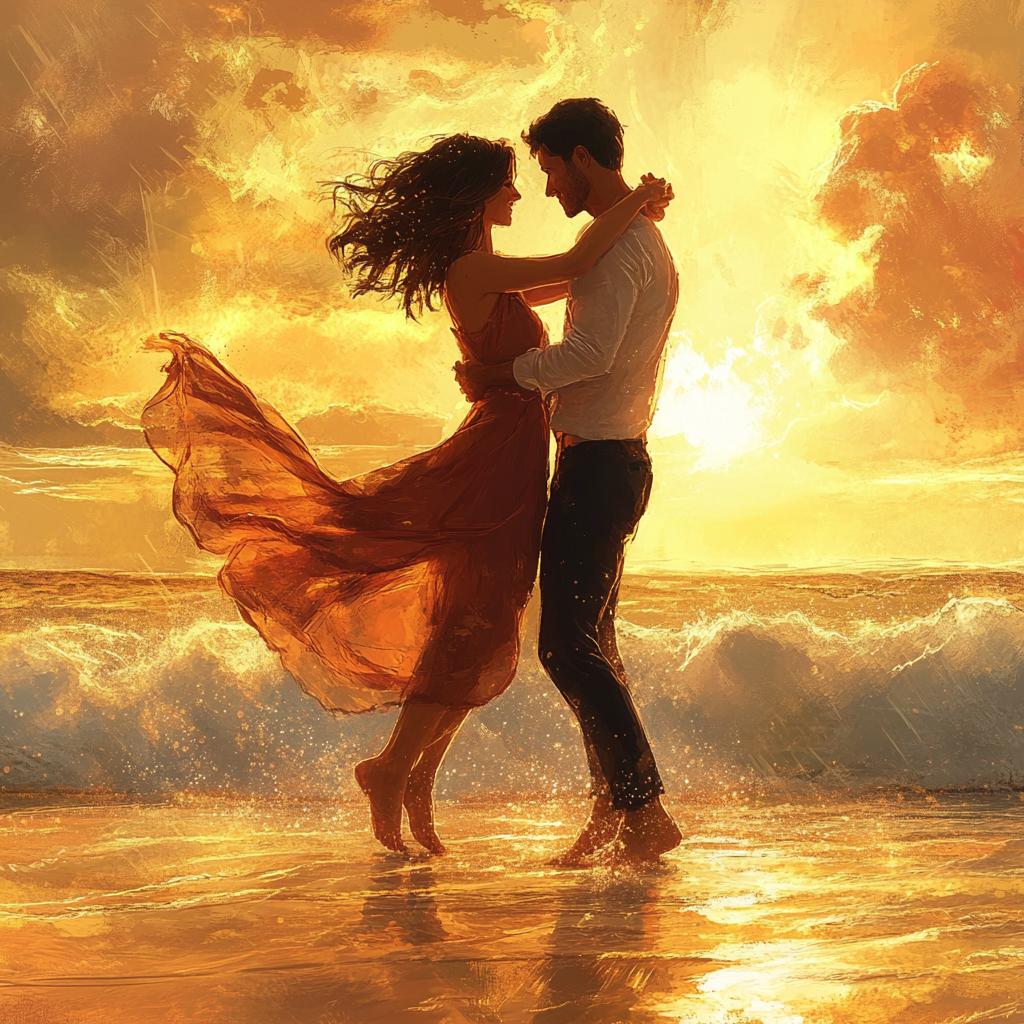 Couple Dancing on Seashore at Sunset