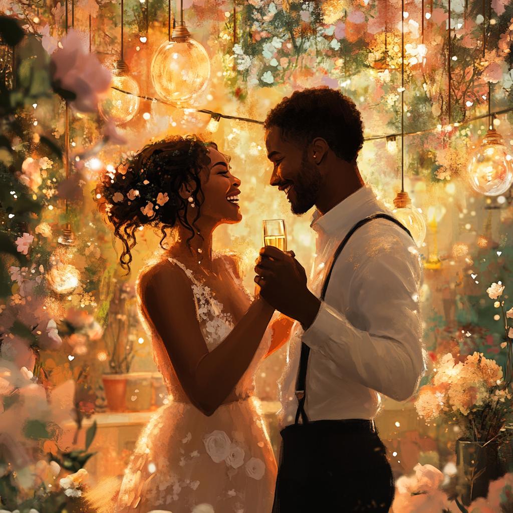 Wedding Couple Dancing with Flowers and Lights