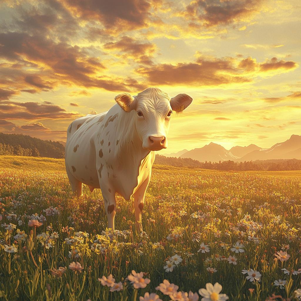 White Cow in Flower Field at Sunset