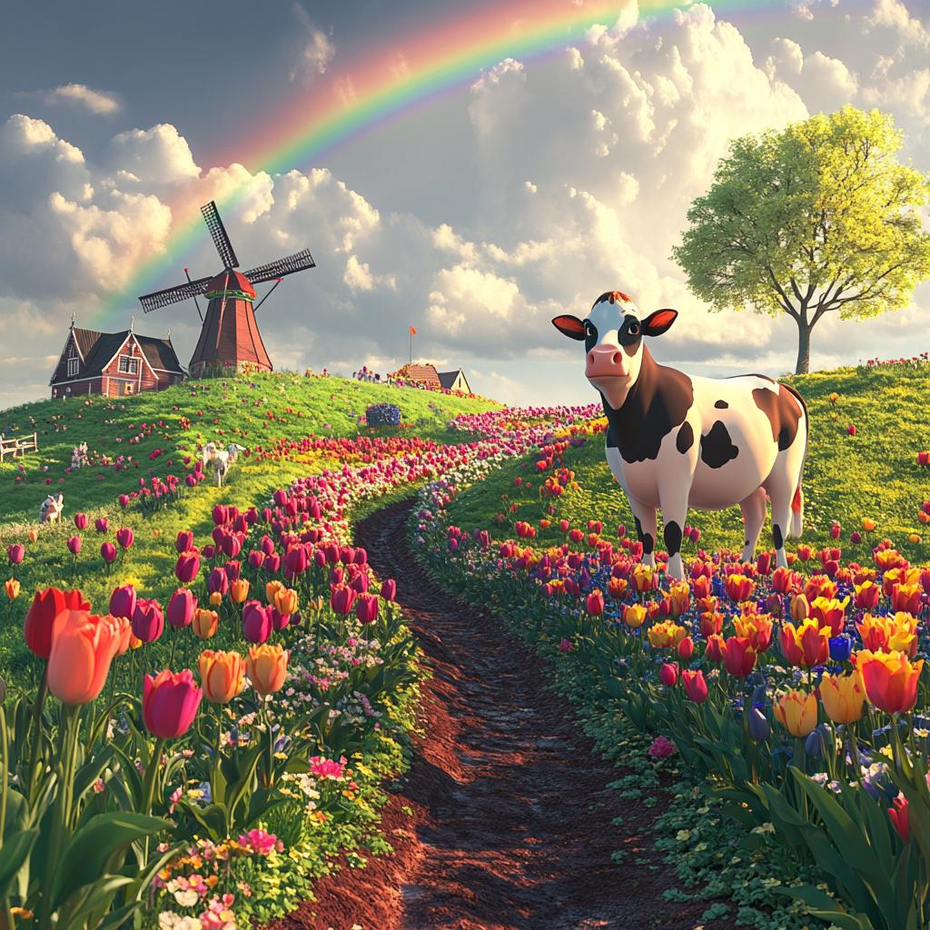 Cow in Flower Field with Windmill and Rainbow