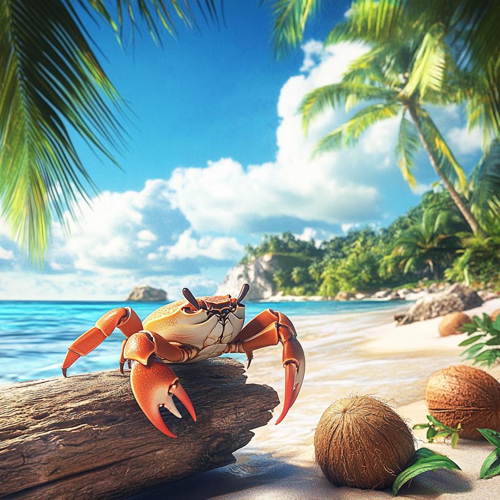 Crab on Driftwood with Coconuts at Beach