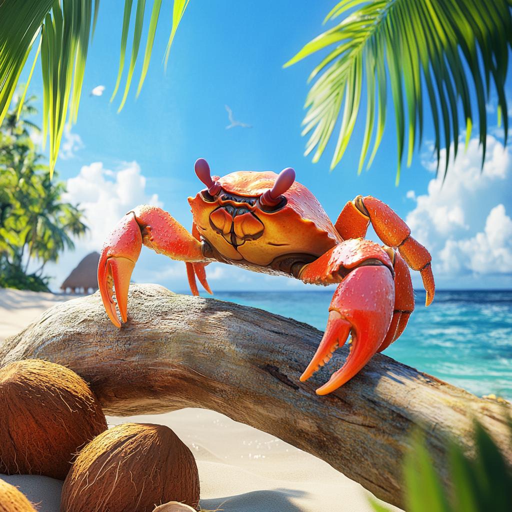 Crab Resting on Branch at Tropical Beach