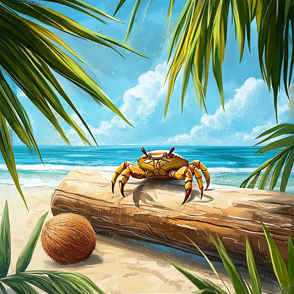 Crab Sitting on Tree Branch with Coconuts