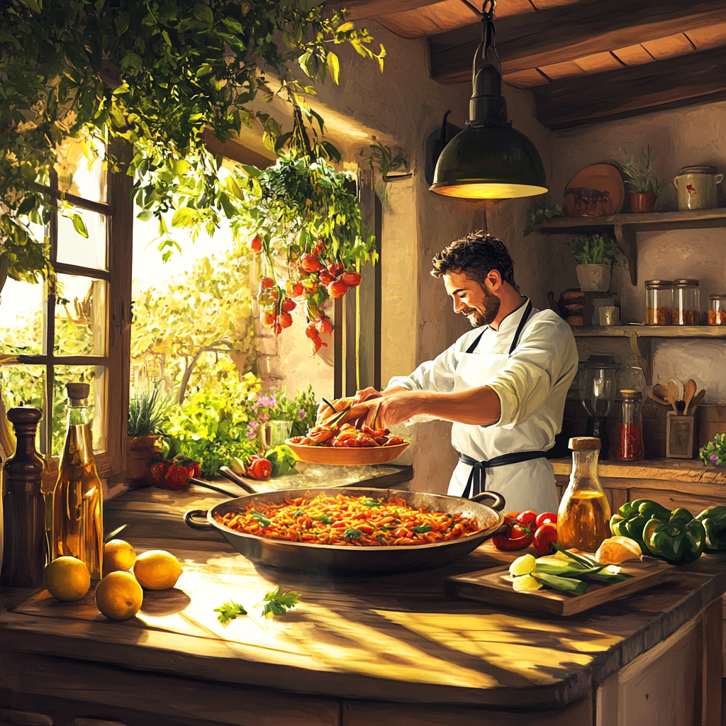Italian Chef Cooking Spaghetti in Kitchen