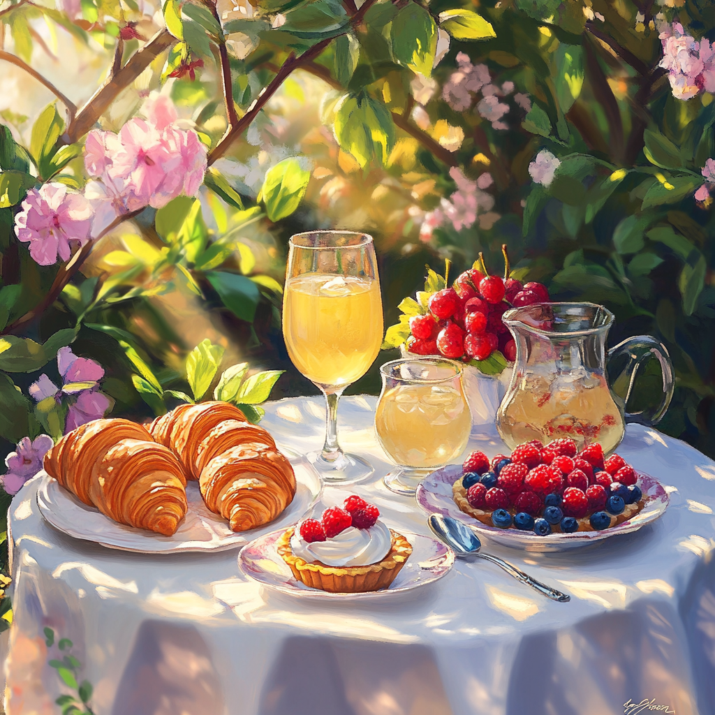 Still Life Wine and Pastries on Garden Table