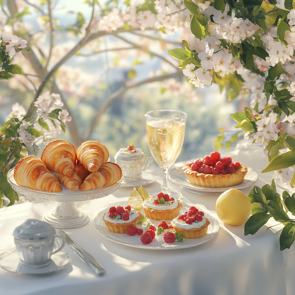 Garden Table Still Life with Wine and Croissants