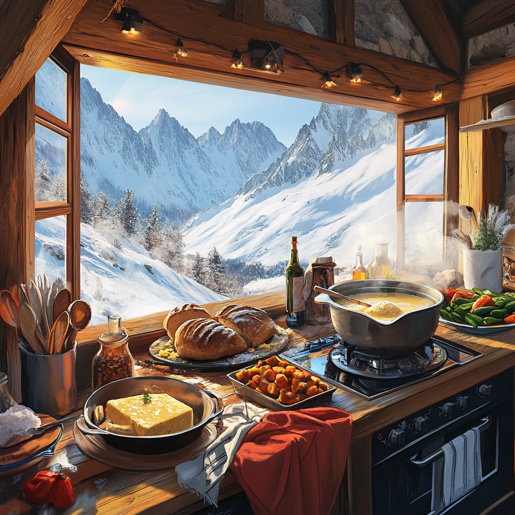 Nordic Kitchen Still Life with Food and Snowy View