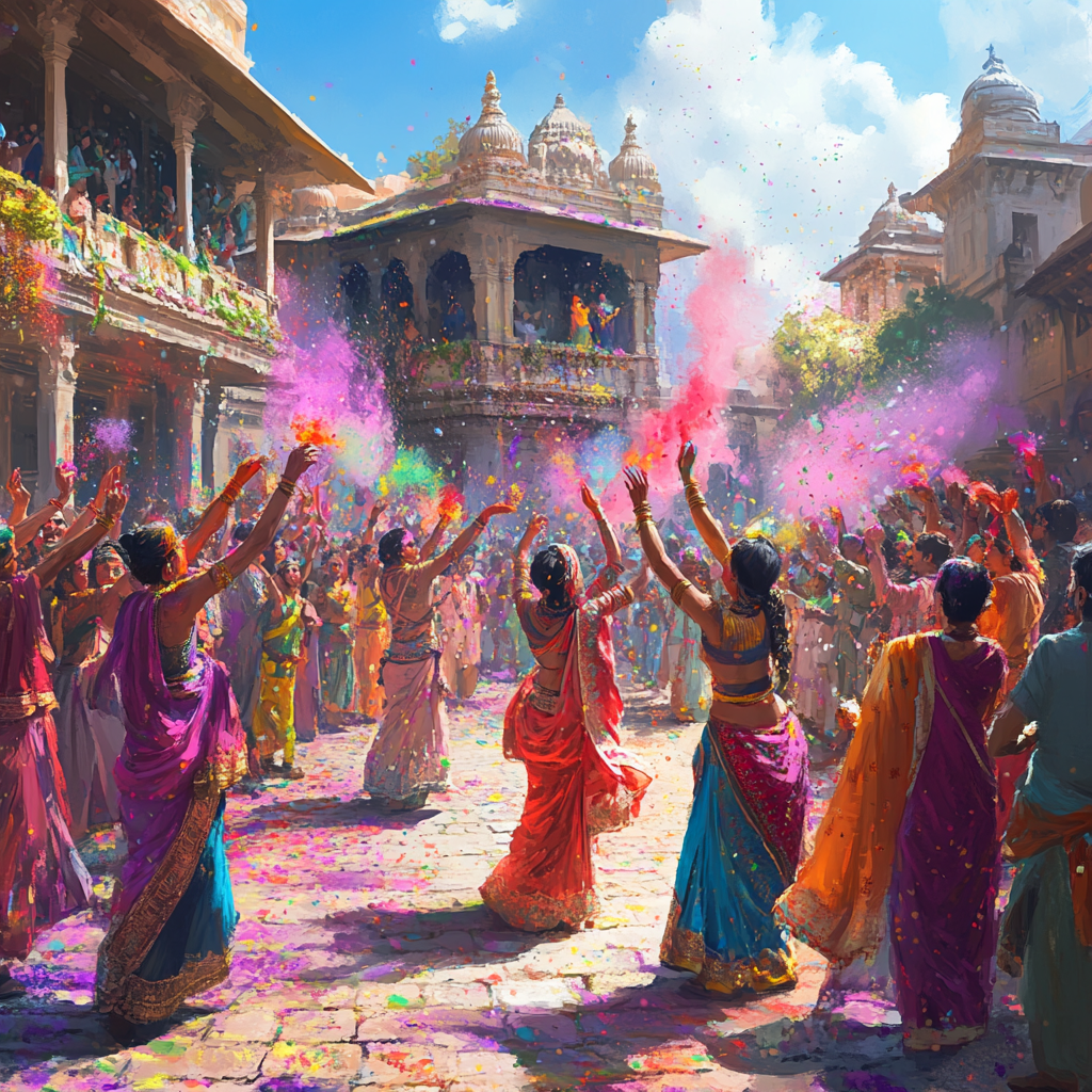 Women Celebrating Holi Festival with Pink Powder