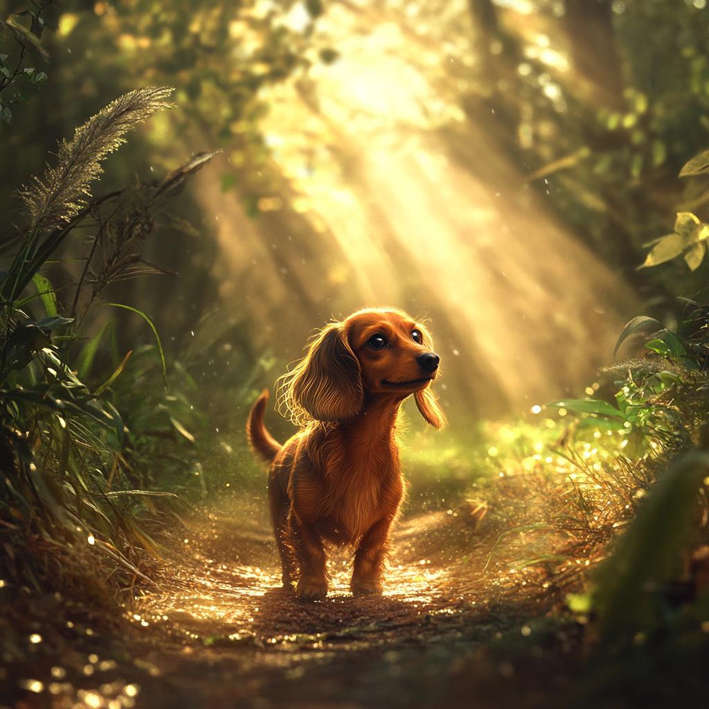 Dachshund Walking on Sunlit Forest Path