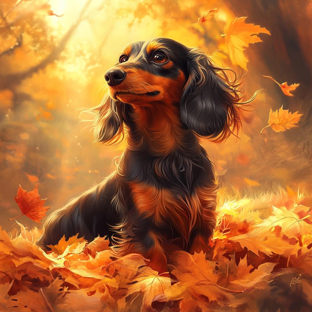 Dachshund Portrait in Autumn Forest with Leaves