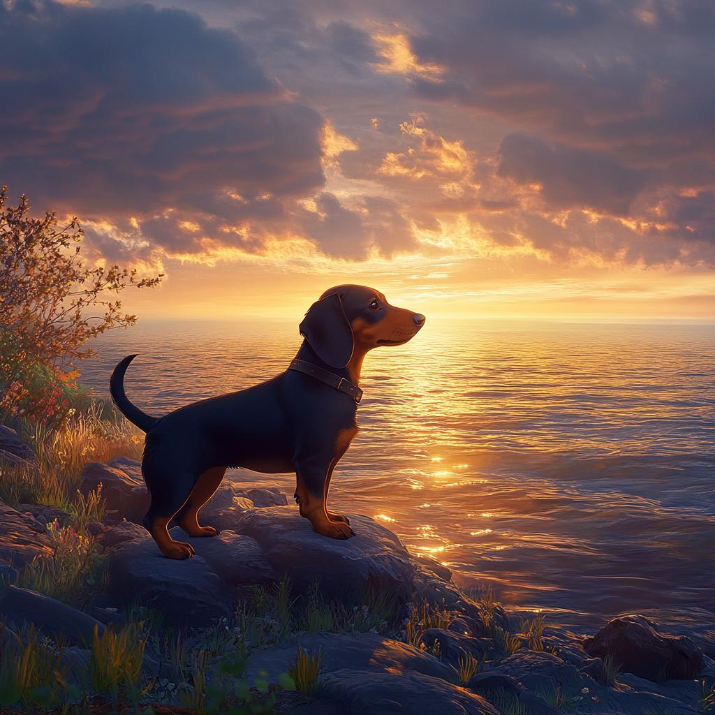 Dachshund Sitting on Rock Overlooking Sea at Sunset
