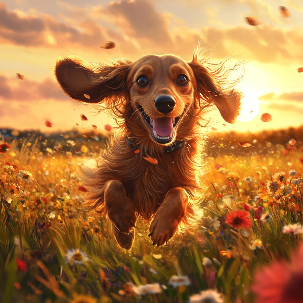 Happy Dachshund Running in Grass Field