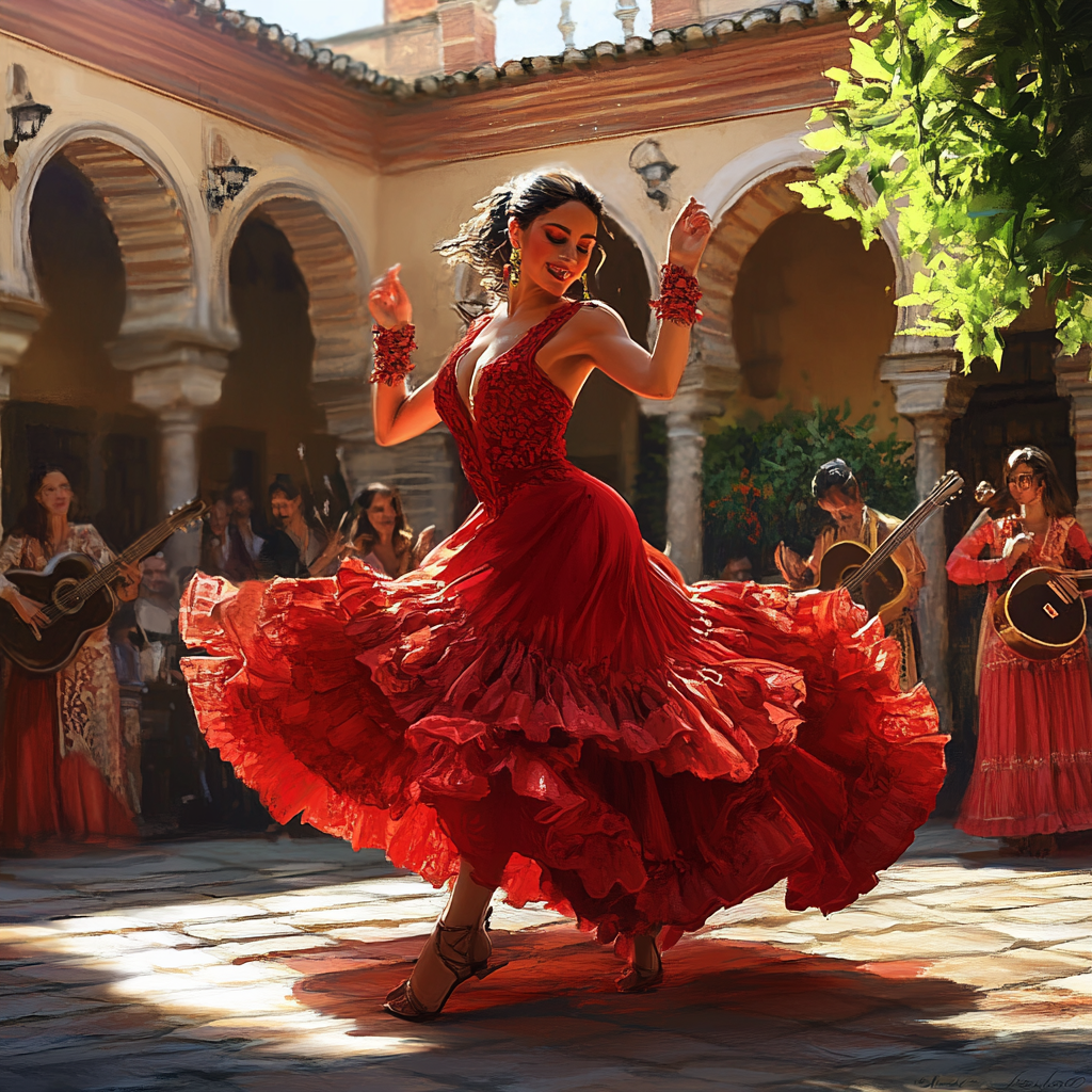 Arab Girl Dancing in Red Dress in Garden