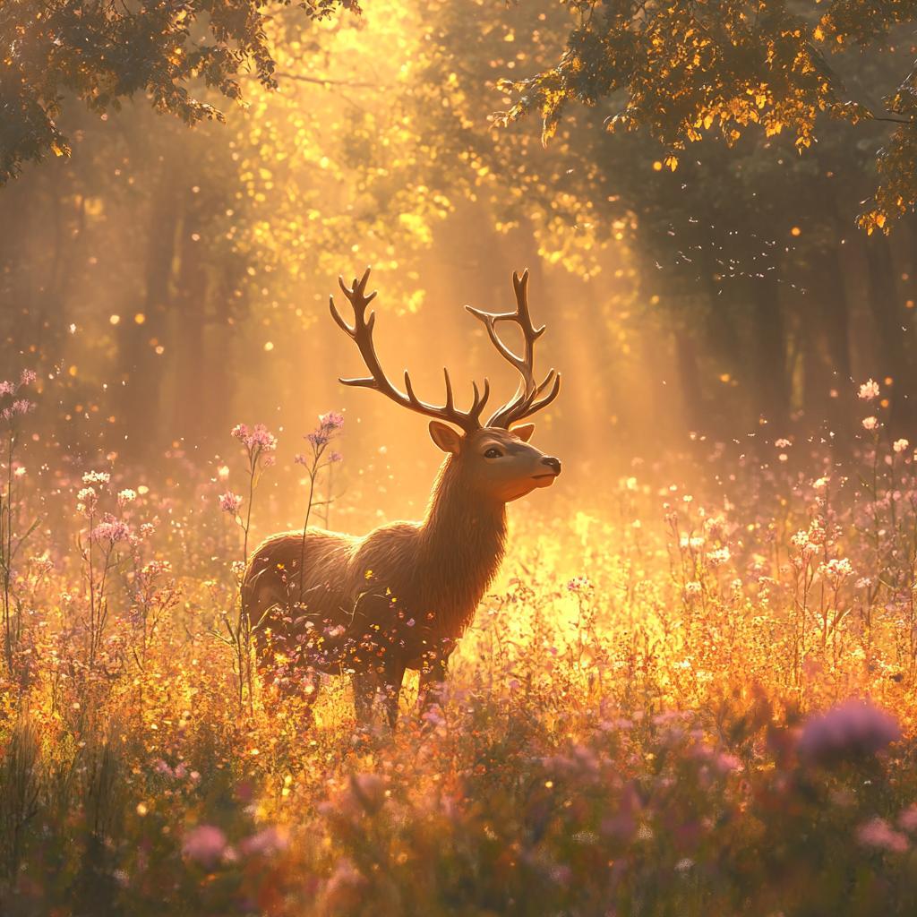 Deer Standing in Morning Grass Field