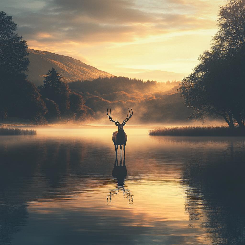 Deer in Lake with Reflection at Sunset