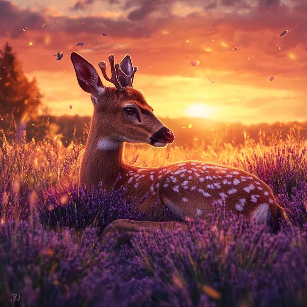 Baby Deer Resting in Meadow at Sunset