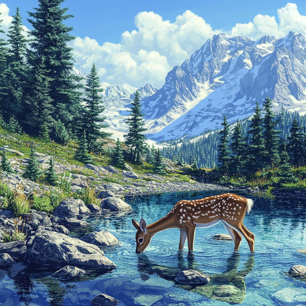 Baby Deer Drinking from River with Snowy Peaks