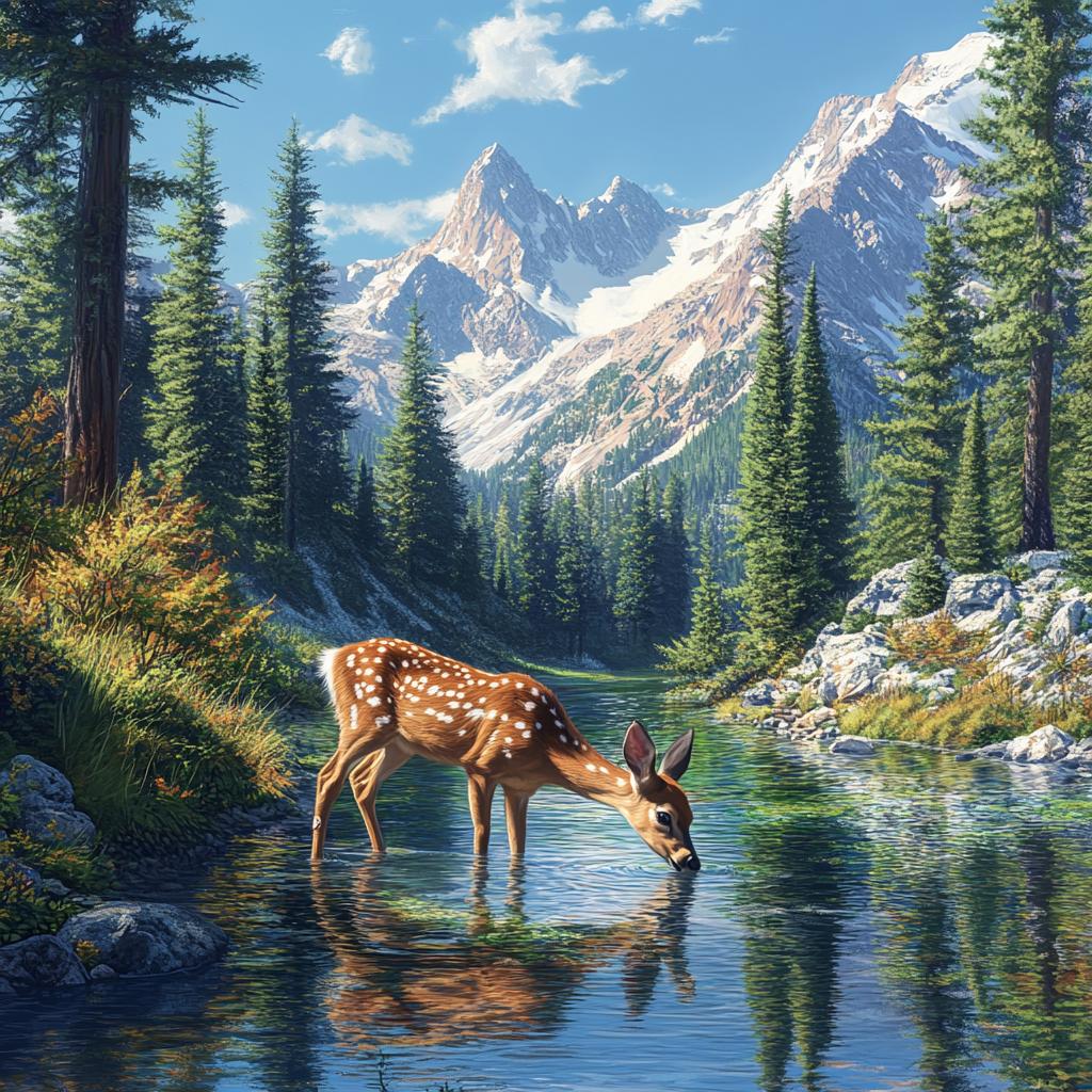 Young Deer at River with Mountains and Pines