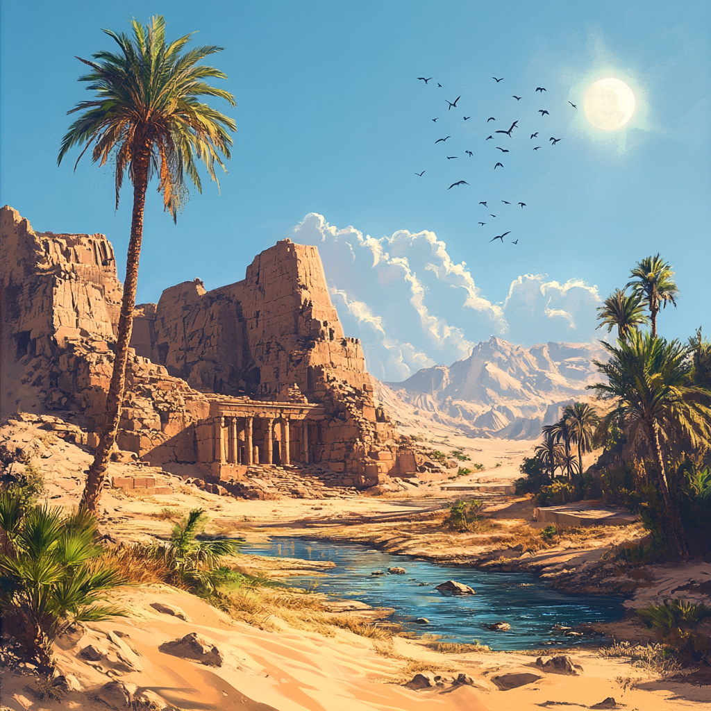 Desert Oasis with Temple Among Rocks