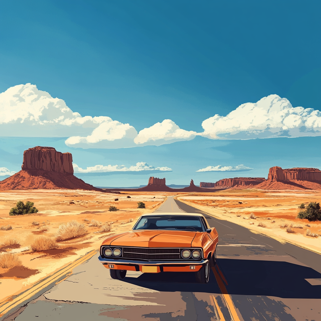 Vintage Car Driving Route 66 in Desert