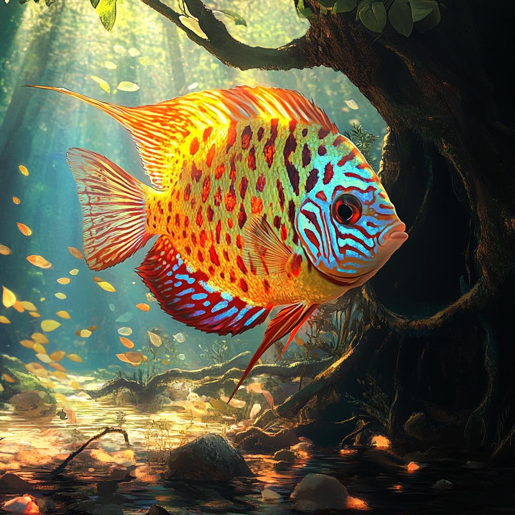 Discus Fish in Dark Water with Sunbeam