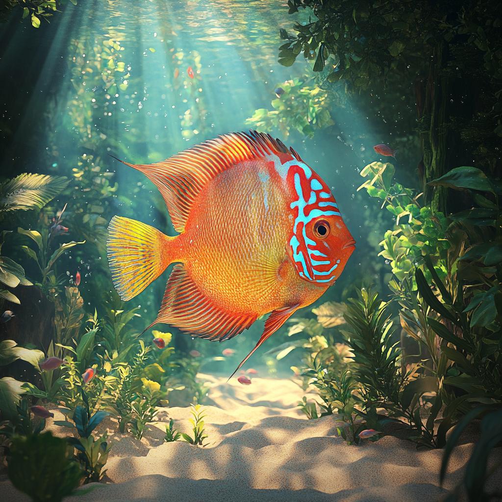 Discus Fish in Dark Water with Sunbeam