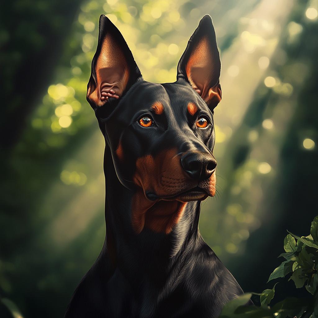 Doberman Portrait in Forest with Sunbeam