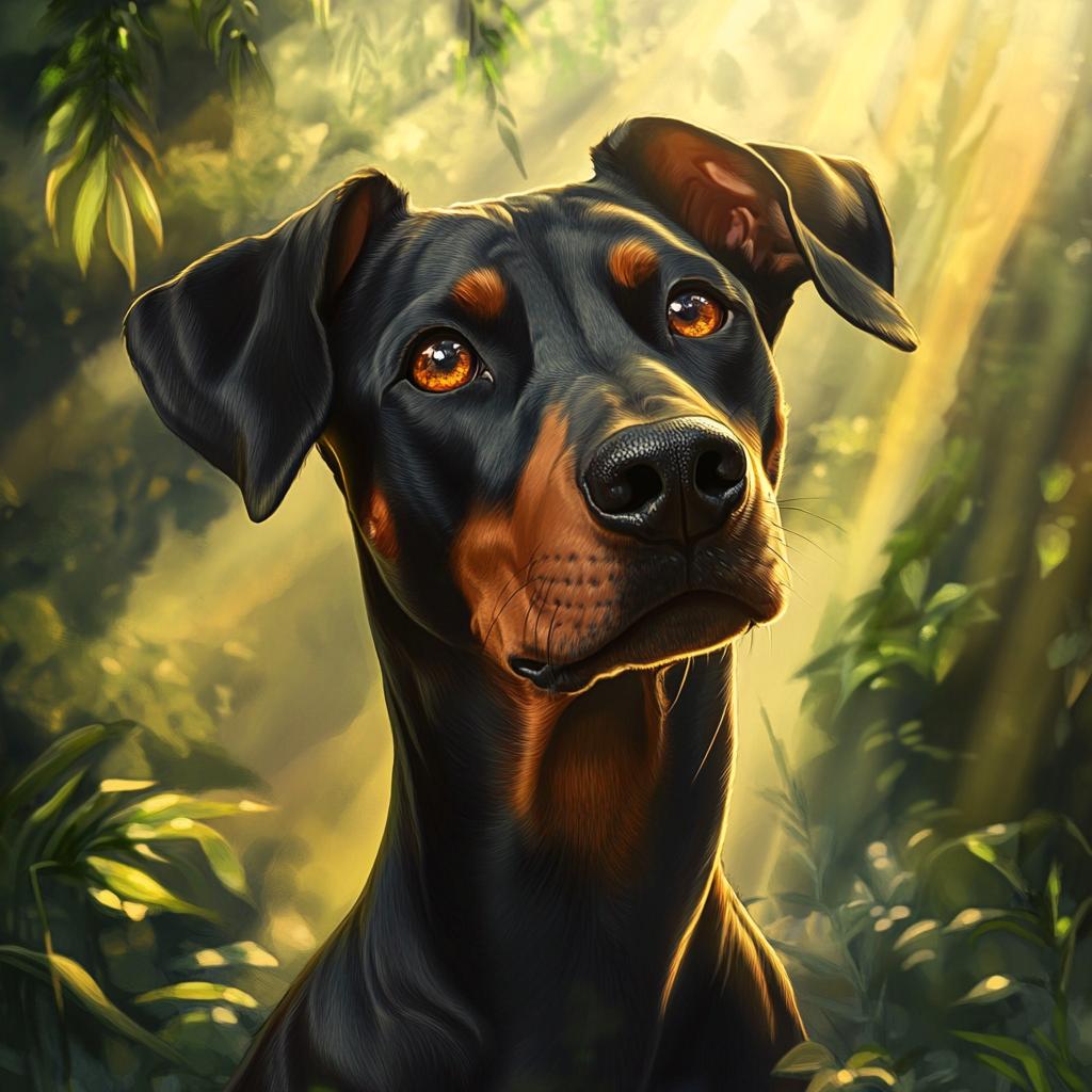 Doberman Face Close Up in Woodland Light