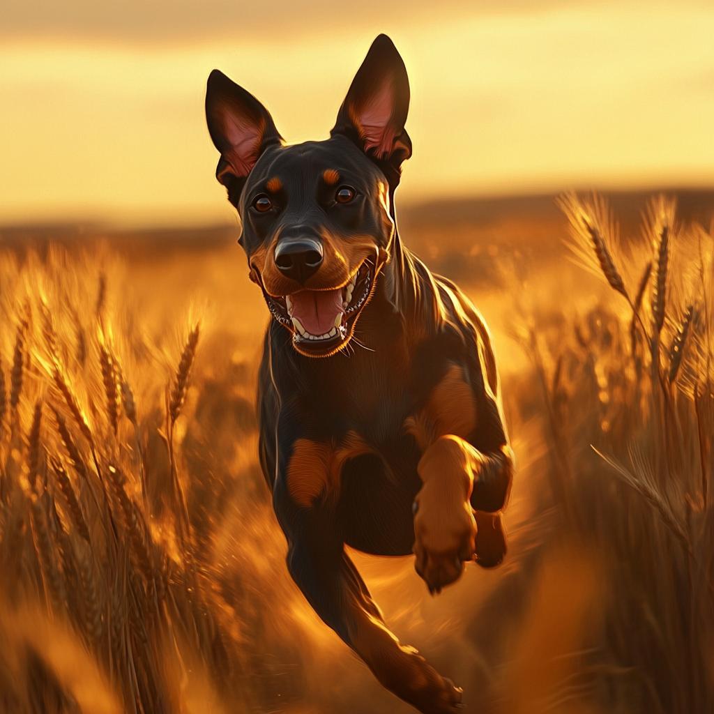 Doberman Running Through Grain Field