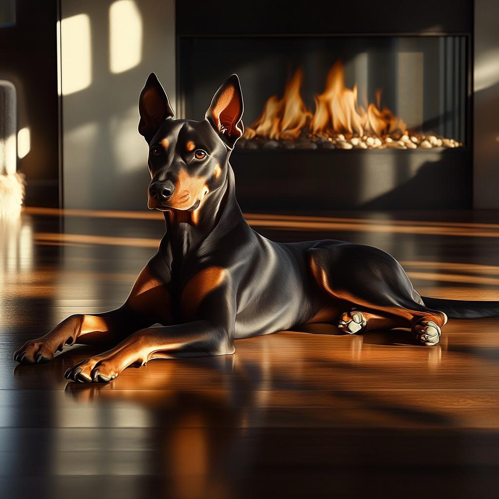 Doberman Resting by Fireplace at Home