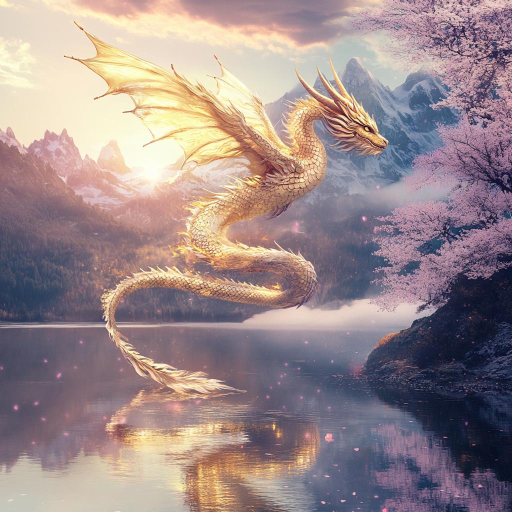 White Dragon Flying Over Japanese Lake