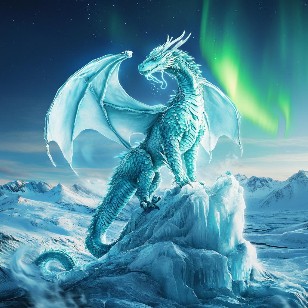 Ice Dragon on Frozen Rock with Northern Lights