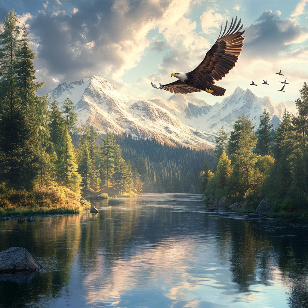 Eagle Flying Over Lake and Snowy Mountains