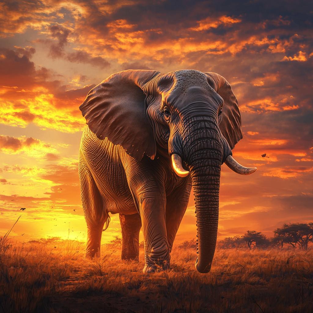 Elephant Grazing in Field at Sunset