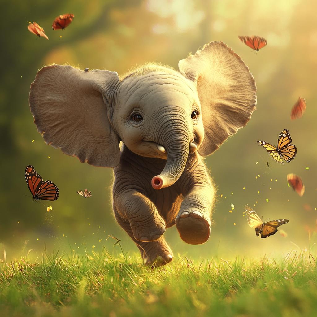 Baby Elephant Playing with Butterflies
