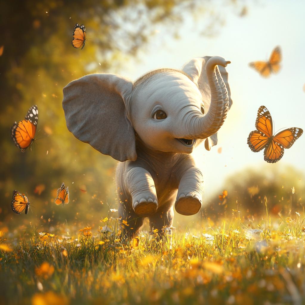 Playful Calf Elephant with Butterflies