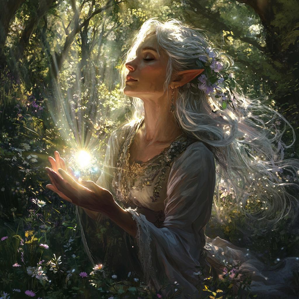 Elf Practicing Magic in Dark Forest
