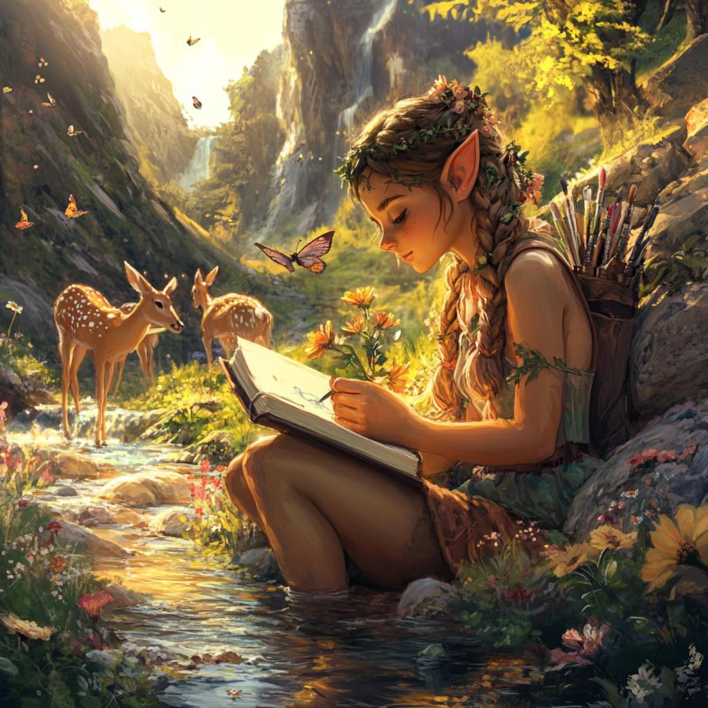 Elf Child Painting with Baby Deer in Forest