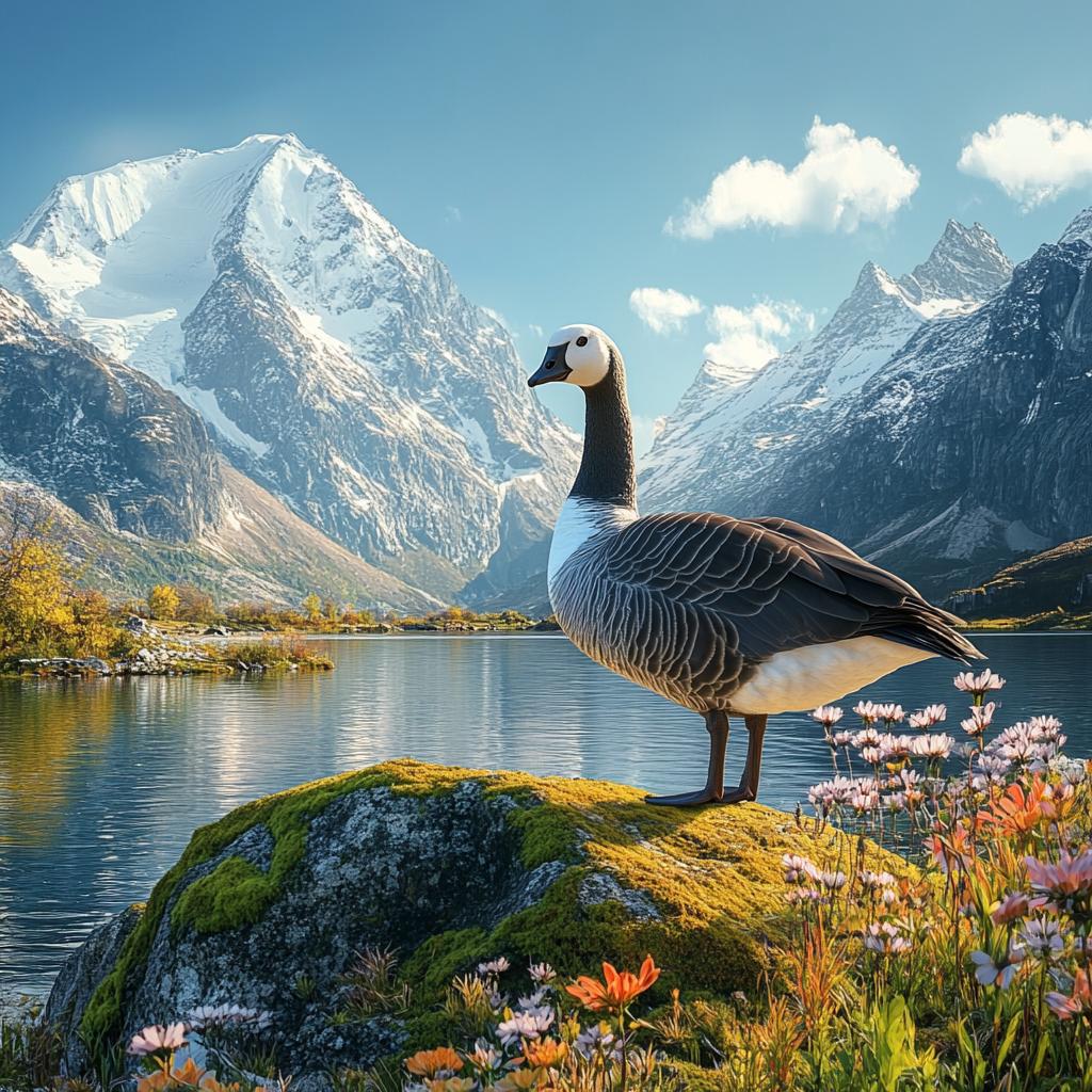 Emperor Goose on Rock with Snowy Mountains