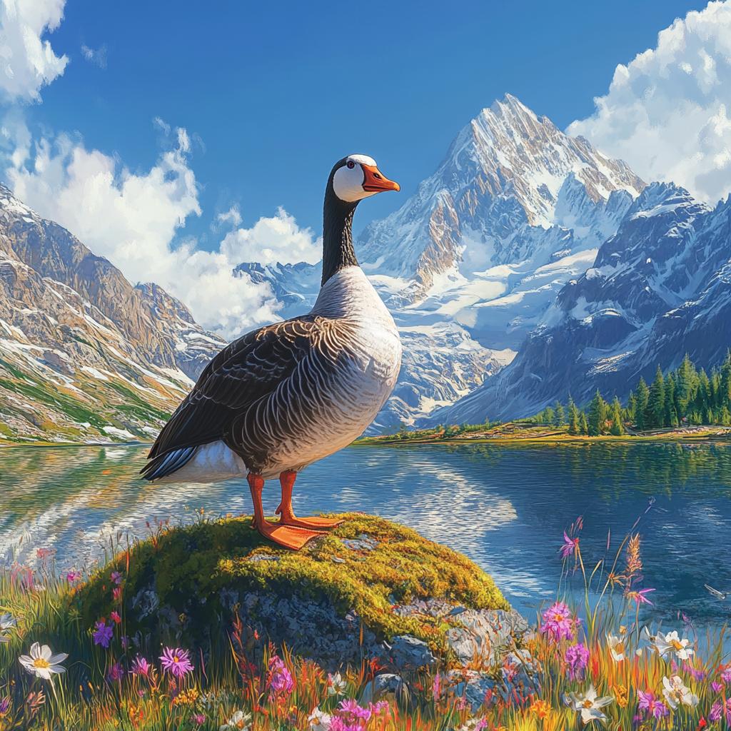 Emperor Goose Standing at Lake with Peaks