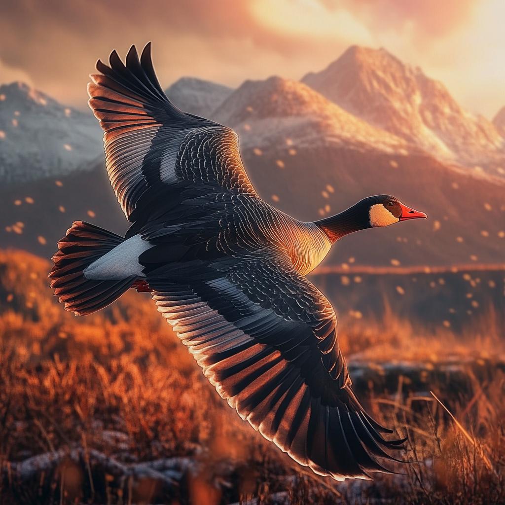 Emperor Goose Flying Over Sunset Forest