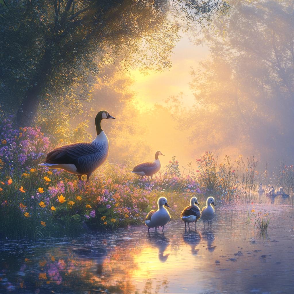 Emperor Goose with Chicks Walking Together