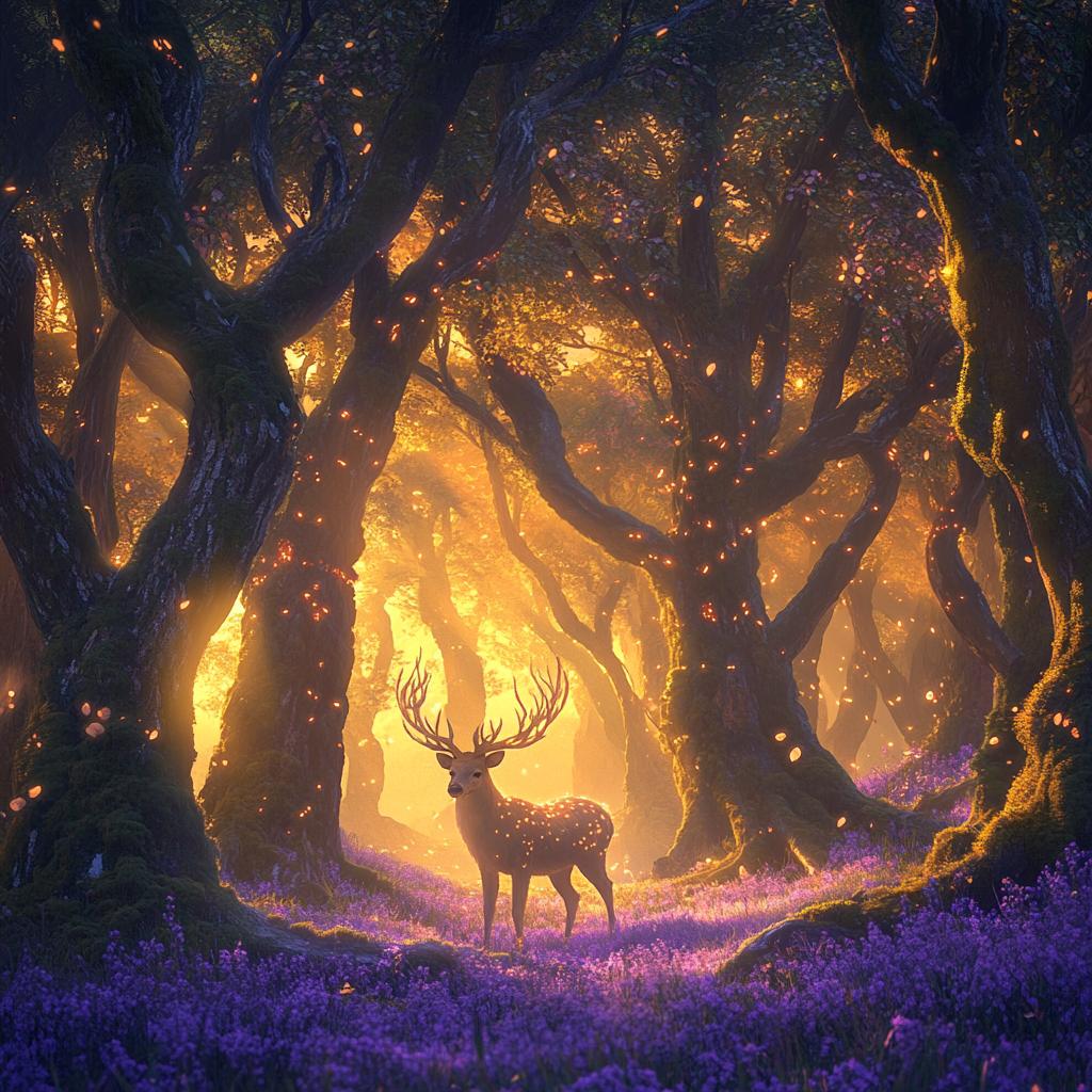 Enchanted Forest with Deer Among Flowers