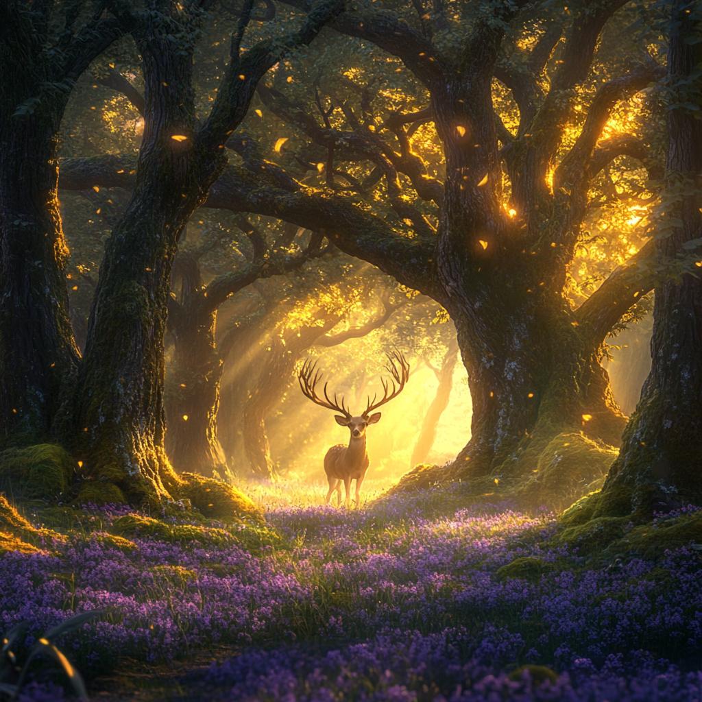 Deer Silhouette in Magical Purple Forest