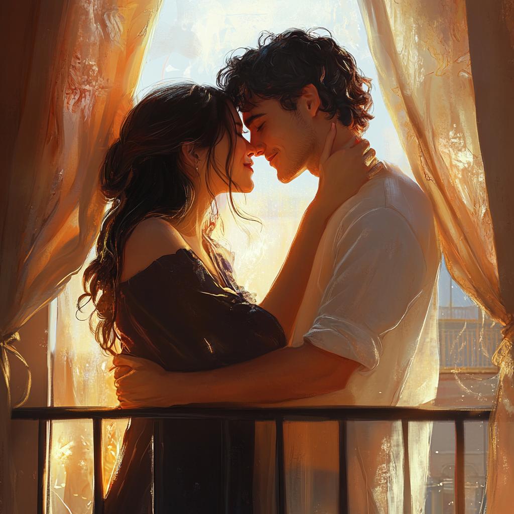 Couple Cuddling on Balcony with Sunset Glow