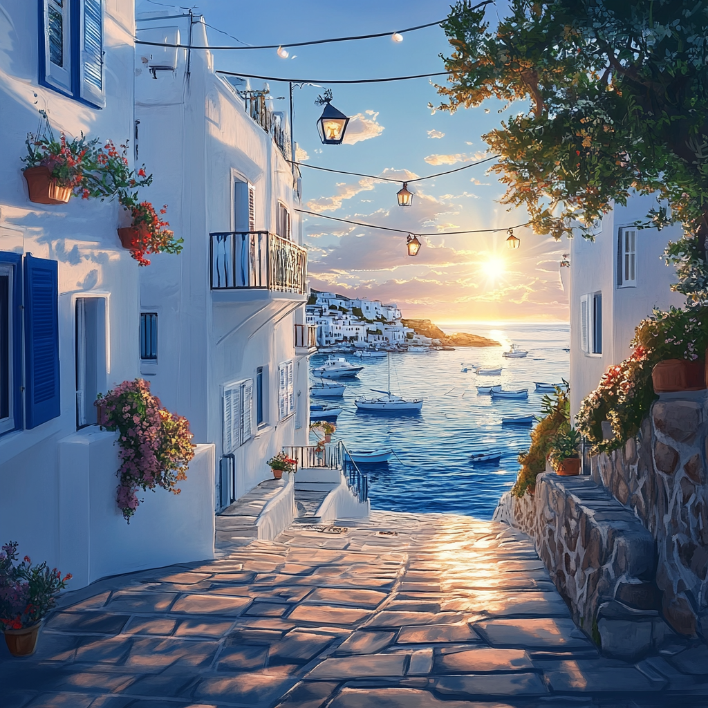 Greek Street with Blue and White Facades by Sea
