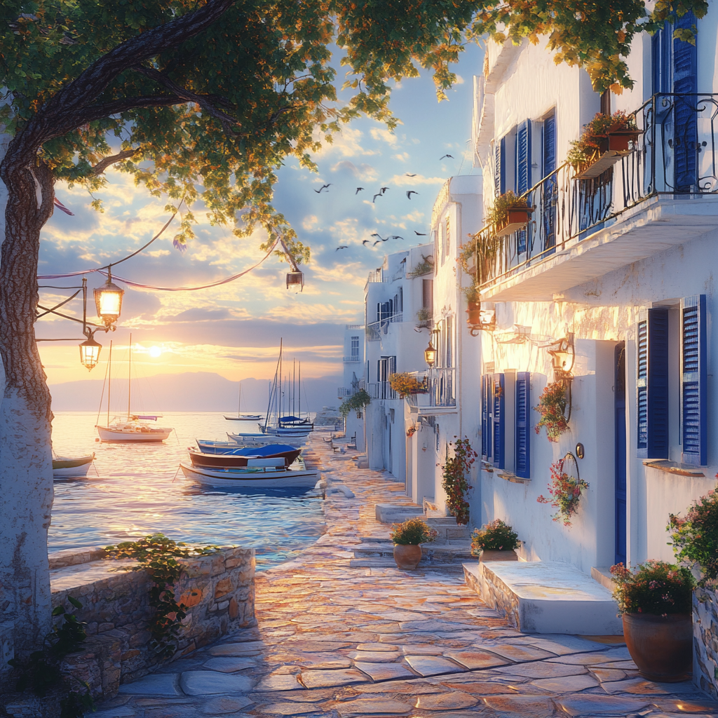 Seaside View of Greek Whitewashed Houses