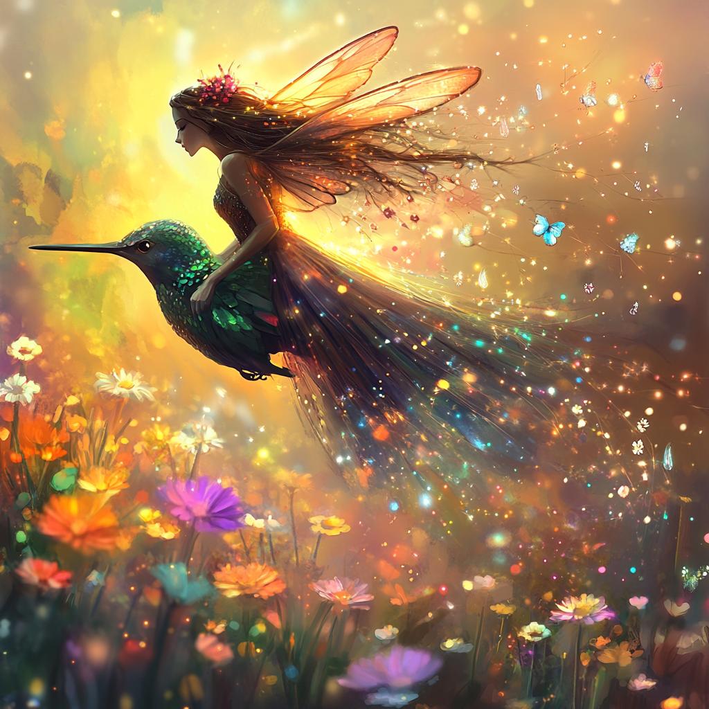 Fairy Queen Flying with Hummingbird